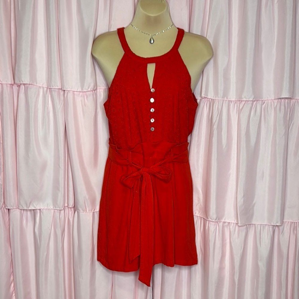 88. Miami Red Eyelet Belted Romper – Size Medium